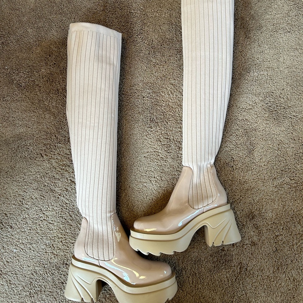 Fashion MARGOT Over the Knee Platform Heeled Knit Blush Boots Size 7.5 NWOT